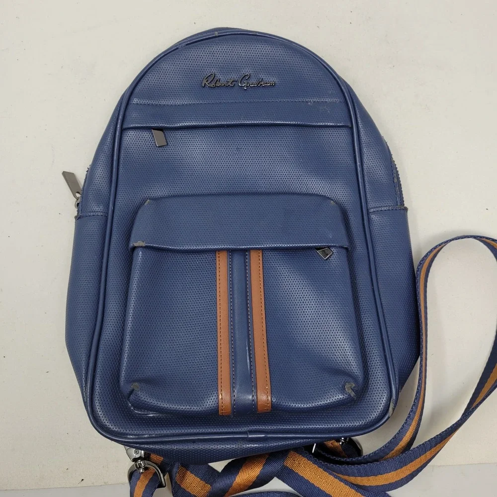 Robert Graham Blue Perforated Leather Backpack Racing Stripe Sling Bag Mens